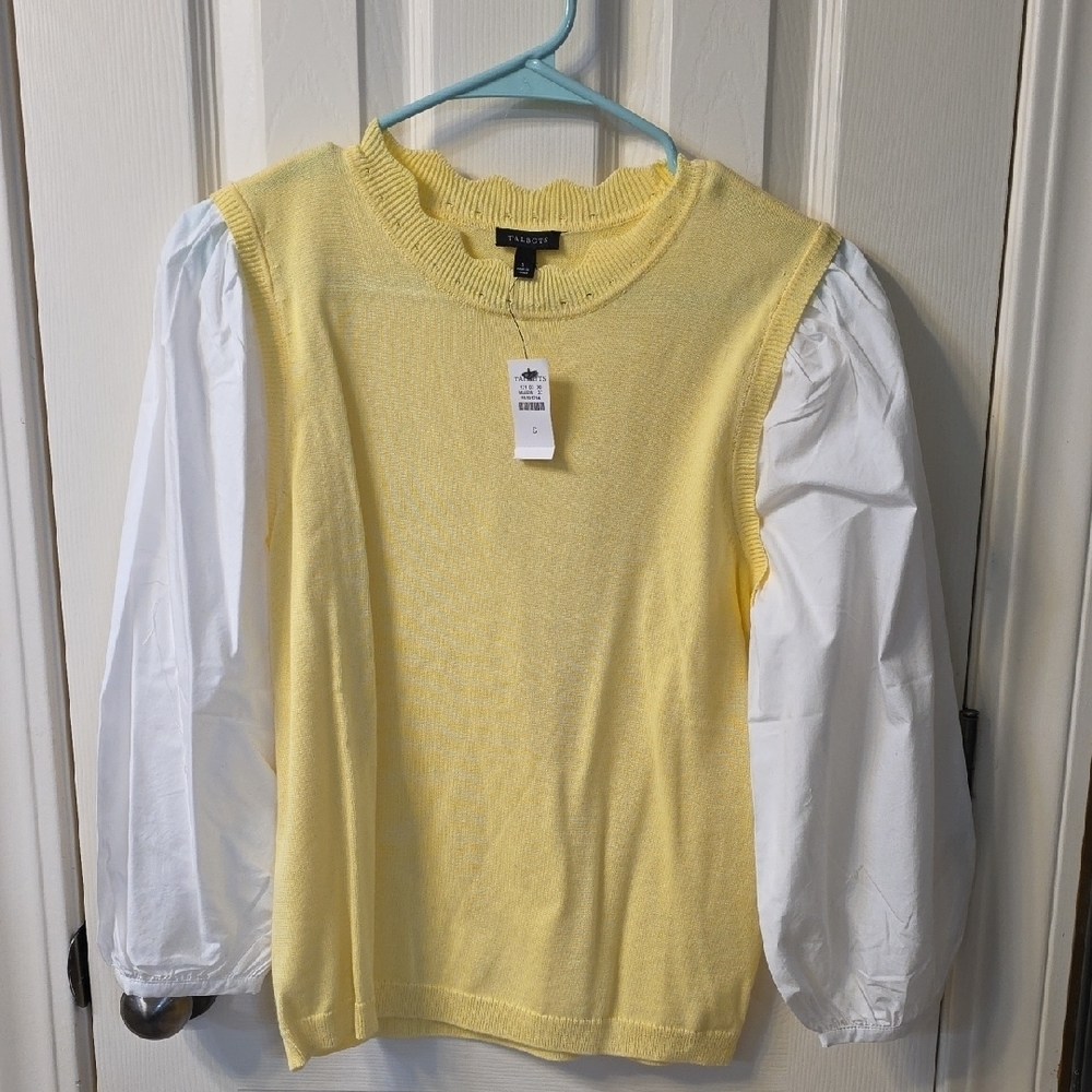 Talbots Yellow Knit Top with White Sleeves